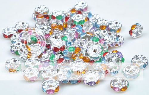 100Pcs Multicolor Crystal Silver Plated Spacer Loose Beads Charms 